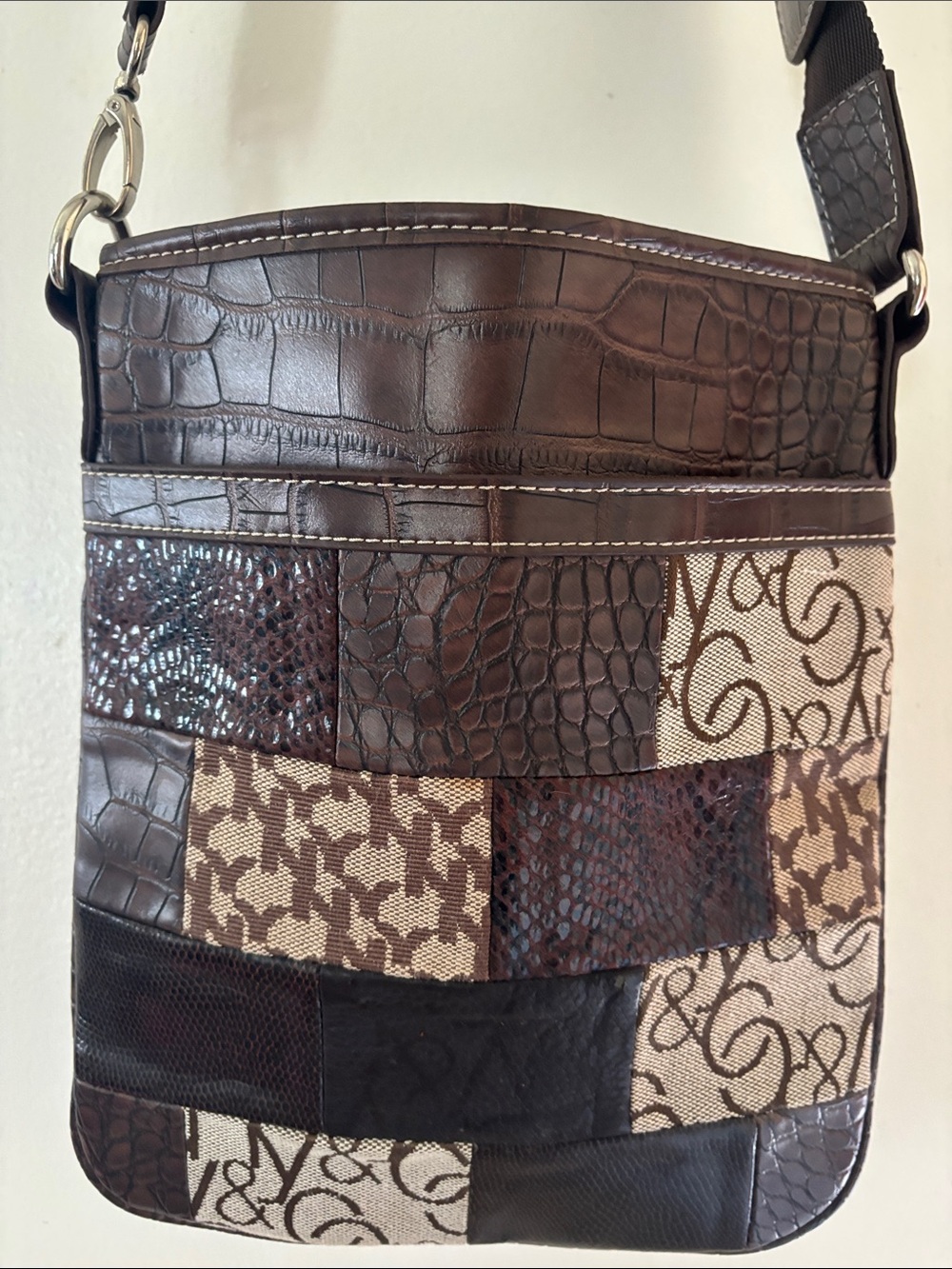 Brown Patchwork Messenger Bag with Adjustable Strap